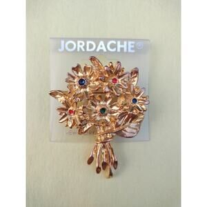 Vintage Jordache Flower Bouquet Brooch Gold Tone Floral Colorful Gems Jewelry 1X